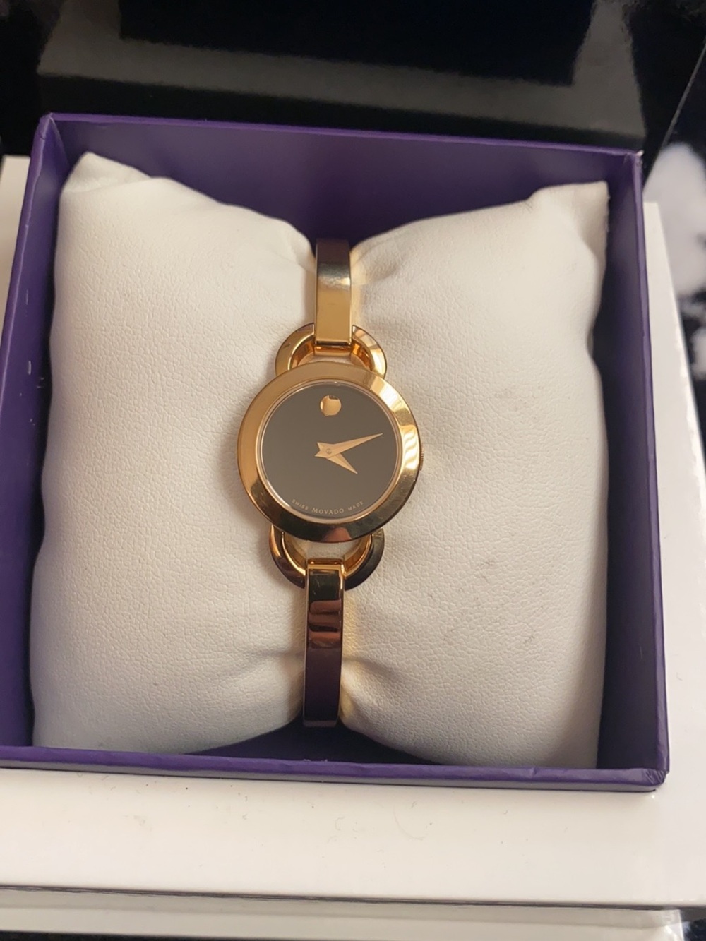 Movado Gold Tone Bracelet Watch with Black Dial
